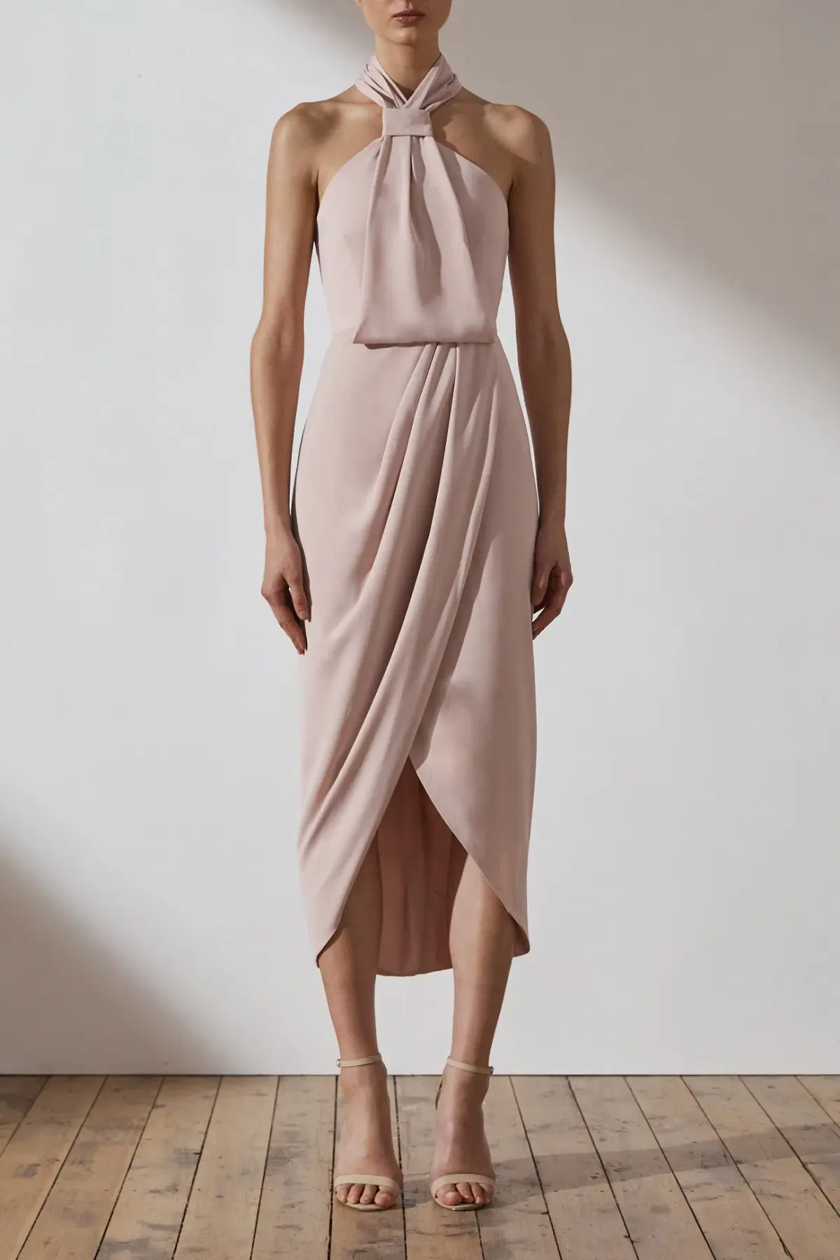 Shona Joy Amanda Core Knot Draped Midi Dress Nude Size 10 - Image 1