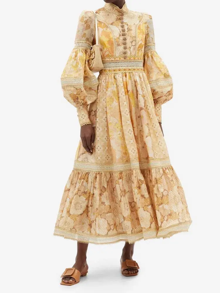 Zimmermann Tempo Spliced Trim Gown Gold Mixed Print Size 1 / Au 10 - Image 1