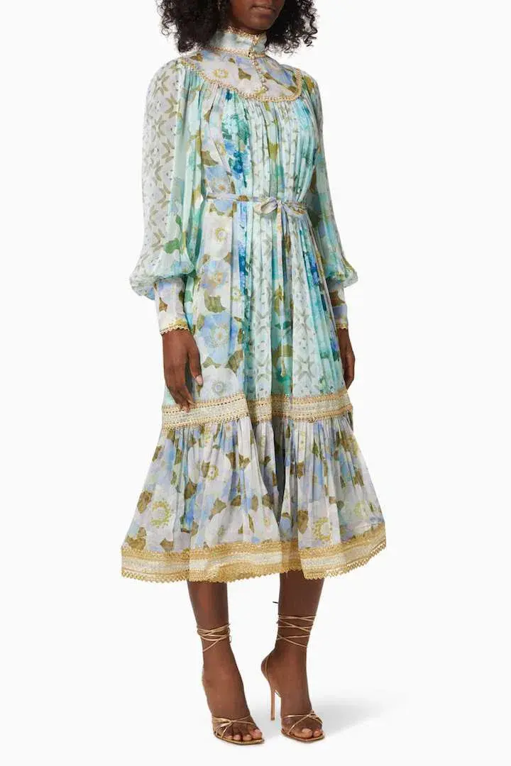 Zimmermann Rhythm Trimmed Billow Midi Dress Aqua Mixed Print Size 2 / Au 12 - Image 1