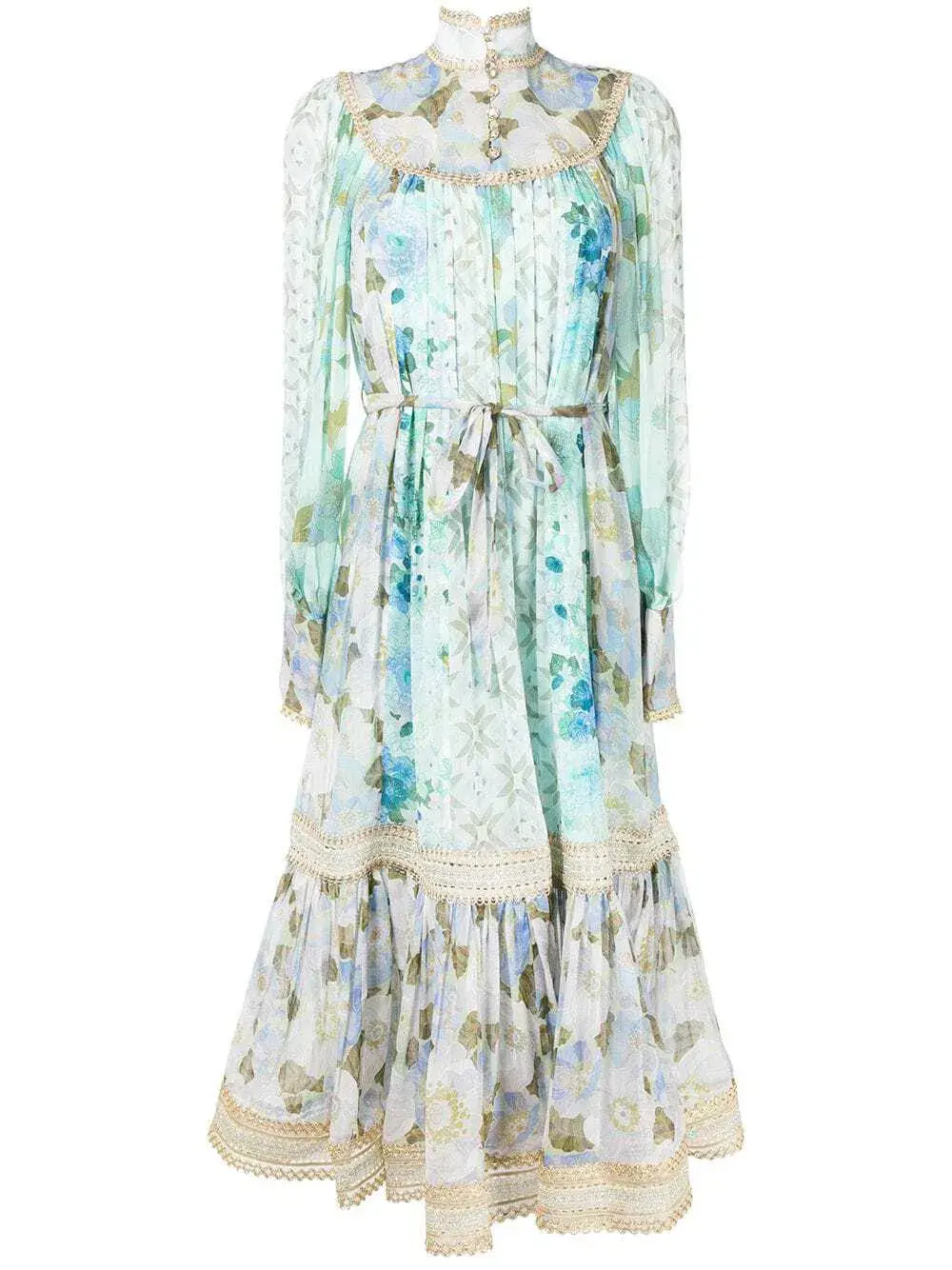 Zimmermann Rhythm Trimmed Billow Midi Dress Aqua Mixed Print Size 2 / Au 12 for rent on The Volte - main image