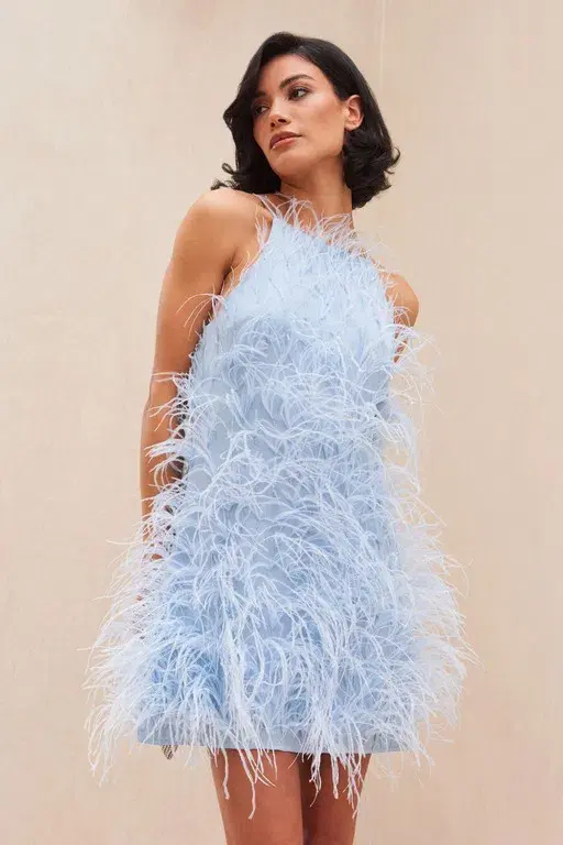 Cult Gaia Shannon Dress Ice Blue Feathers Size 8 - Image 2