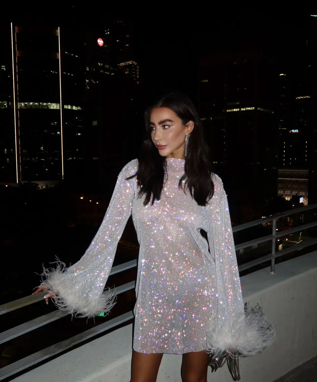 Heiress Beverly Hills Crystal Embellished Feather Trim Mini Dress White Size 8 - Image 6