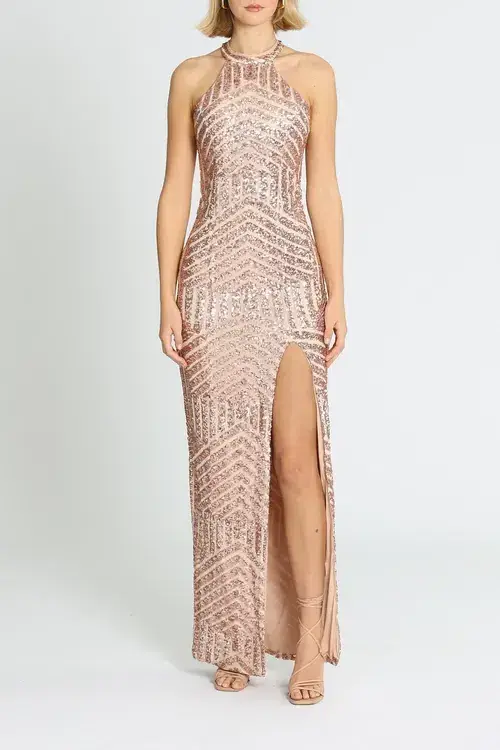L'amour Diana Halter Gown Blush Rose Gold Size 12 for rent on The Volte - main image