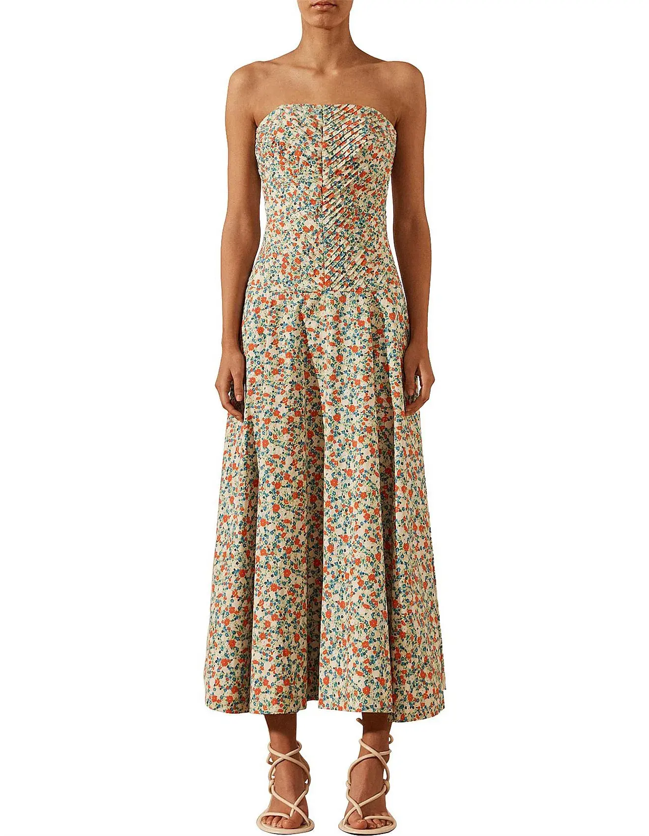 Shona Joy Ulani Strapless Pleated Midi Dress Floral Size 8 - Image 1