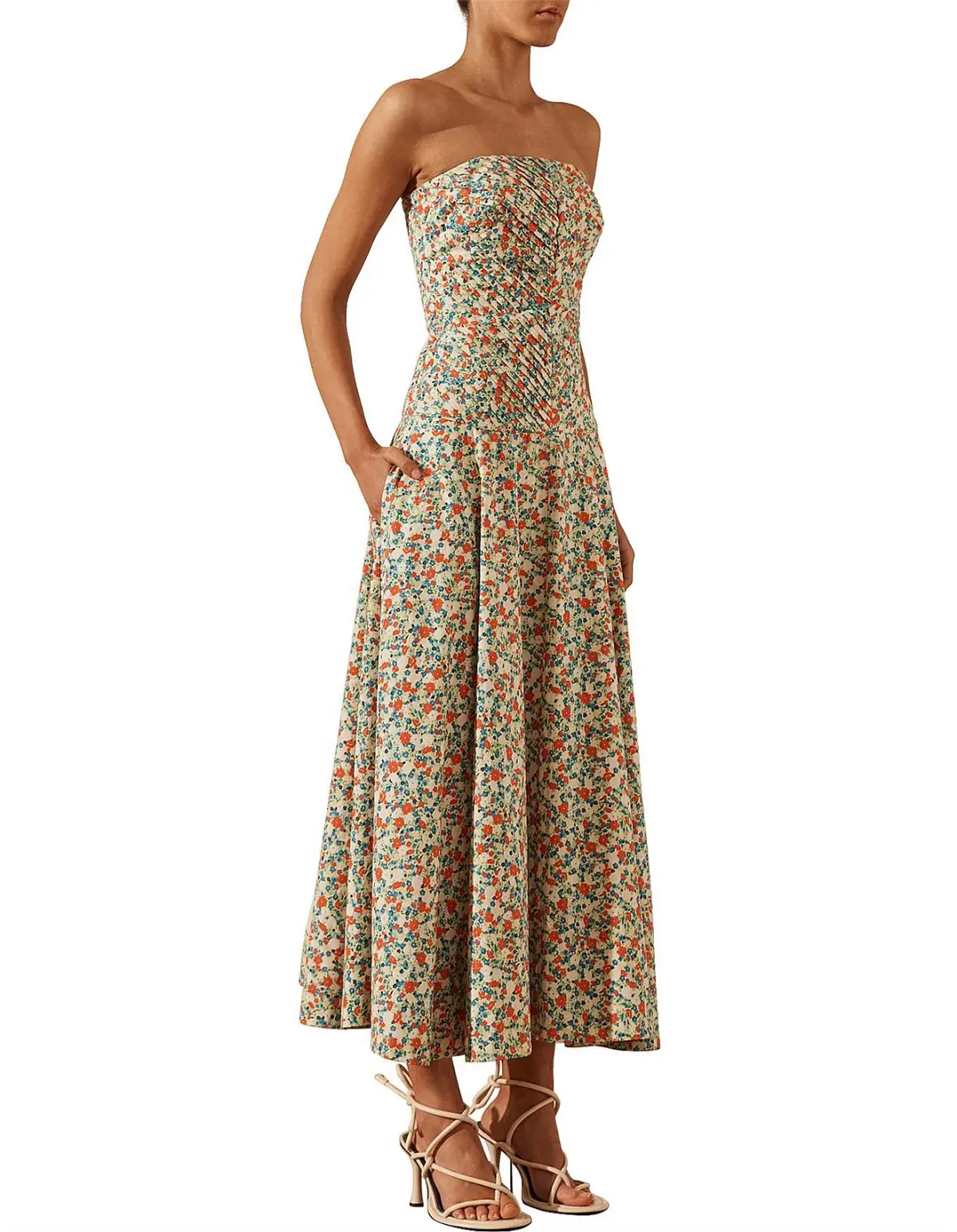 Shona Joy Ulani Strapless Pleated Midi Dress Floral Size 8 - Image 2