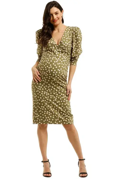 By Johnny Peach Polka V Plunge Midi Dress Olive Peach Size 8 - Image 1