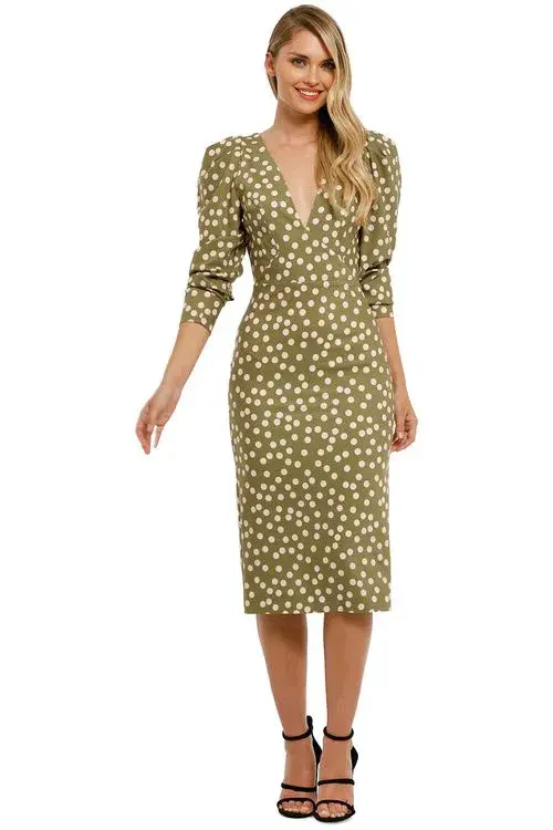 By Johnny Peach Polka V Plunge Midi Dress Olive Peach Size 8 for rent on The Volte - main image