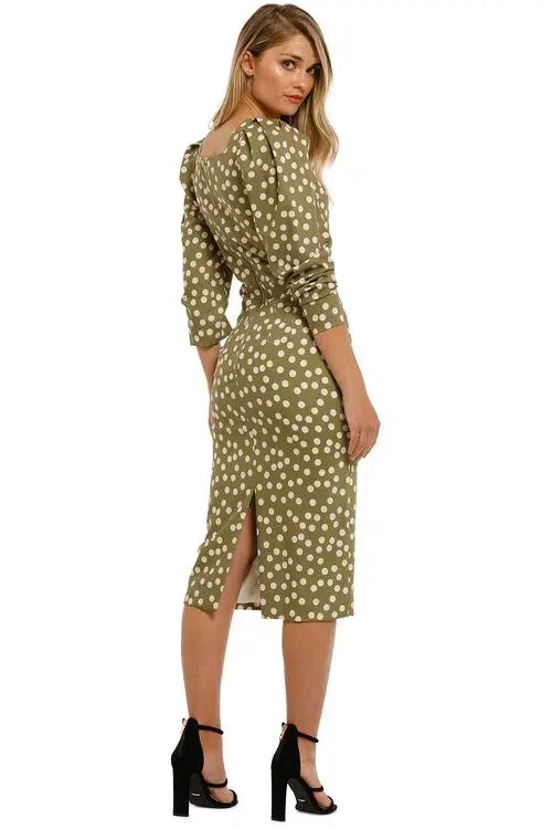 By Johnny Peach Polka V Plunge Midi Dress Olive Peach Size 8 - Image 3