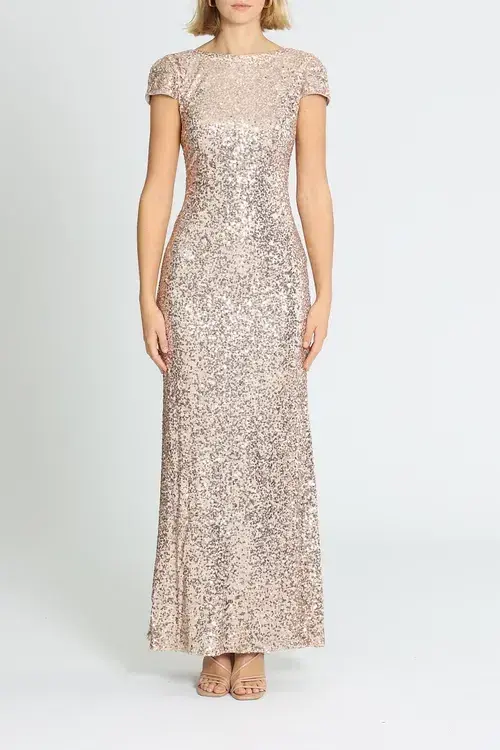 Badgley Mischka Sequin Cowl Back Gown Rose Gold Size 14 for rent on The Volte - main image