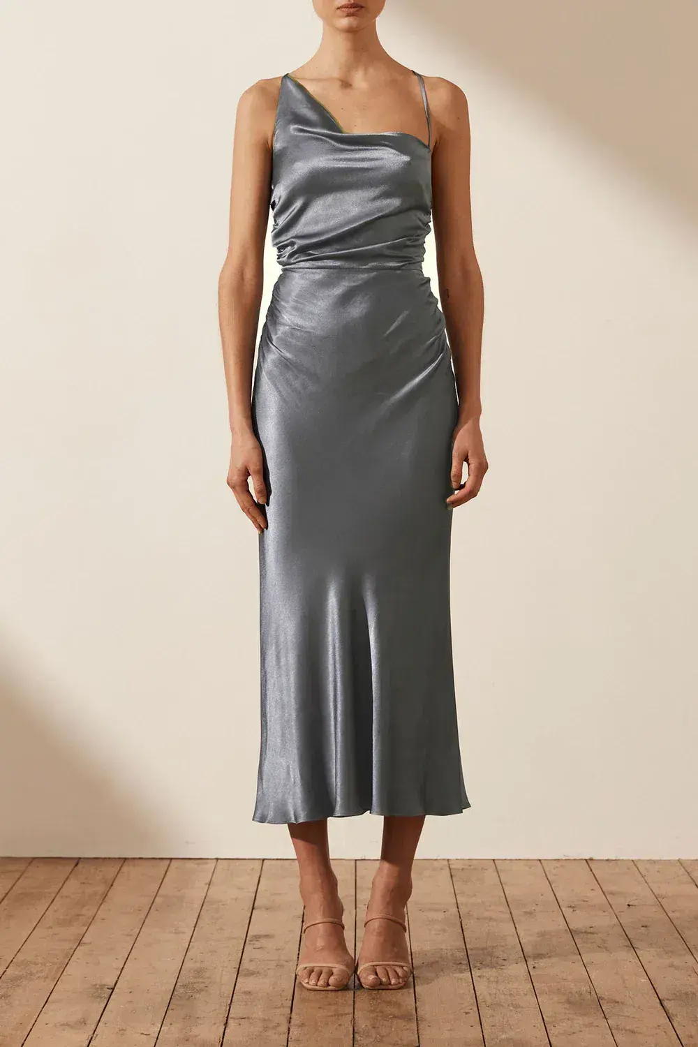 Shona Joy La Lune Asymmetrical Bias Cowl Midi Dress Blue Smoke Size 10 - Image 1