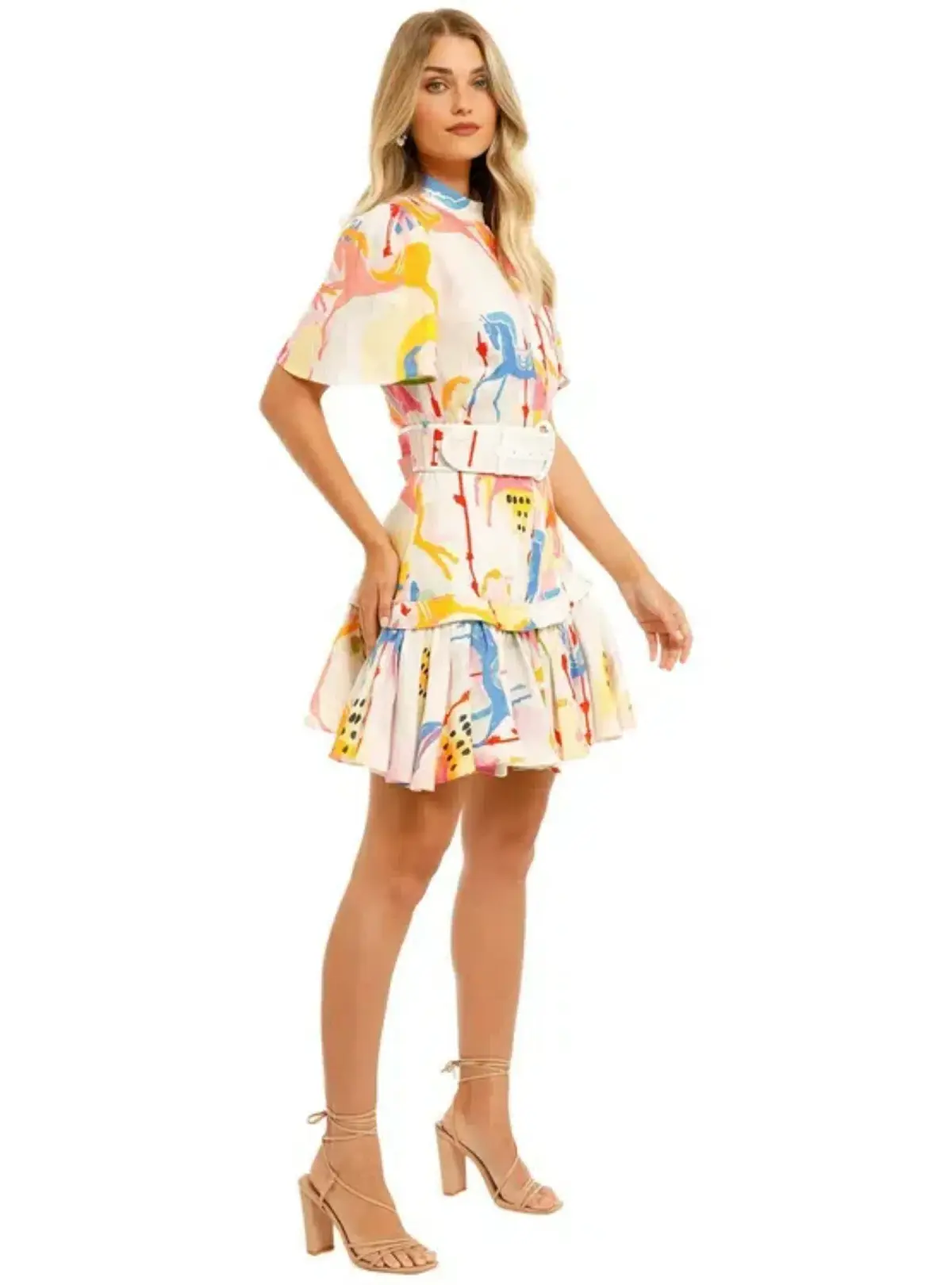 Leo & Lin Carousel Linen Shirt Dress Rainbow Carousel Multi Print Size AU 12 - Image 2