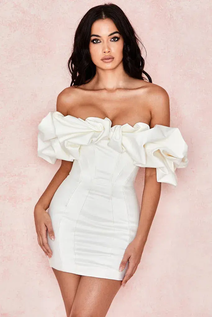 House Of CB Selena Satin Ruffle Strapless Dress Ivory White Size XS / AU 6 - Image 2