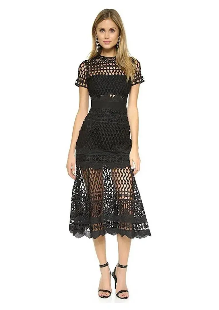 Self Portrait Cutwork Lace Layered Midi Dress Black Size 8 - Image 1
