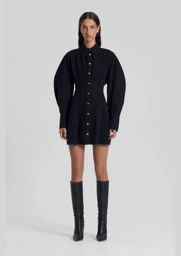 Scanlan Theodore Denim Cocoon Sleeve Mini Dress Washed Black Size 6 / XS - Image 1