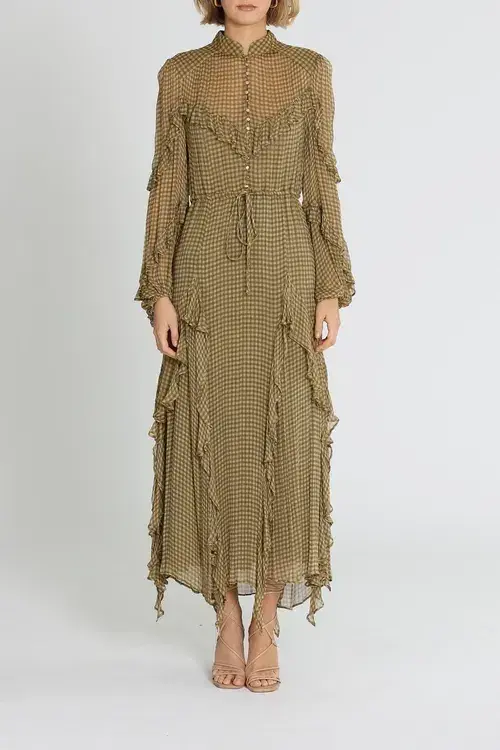 Shona Joy Eleonora Drawstring Frill Midi Dress Olive Khaki Size 8 - Image 1