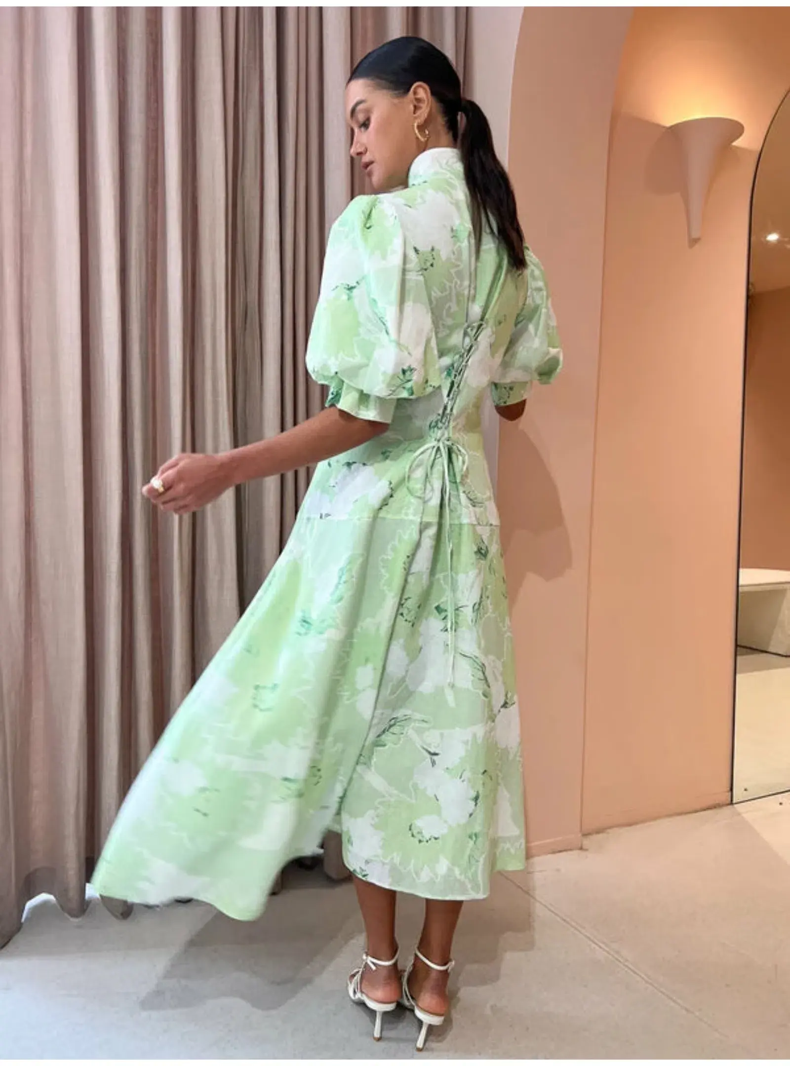 Leo Lin Anneke Drawstring Midi Dress Jasmine Print in Sage Size AU 12 - Image 3