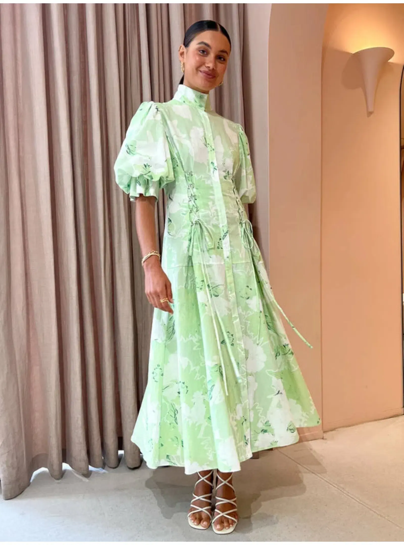 Leo Lin Anneke Drawstring Midi Dress Jasmine Print in Sage Size AU 12 - Image 2