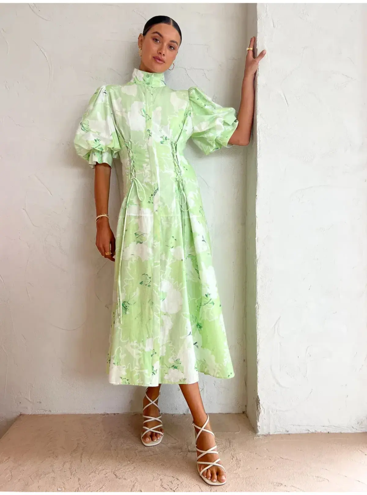 Leo Lin Anneke Drawstring Midi Dress Jasmine Print in Sage Size AU 12 - Image 1