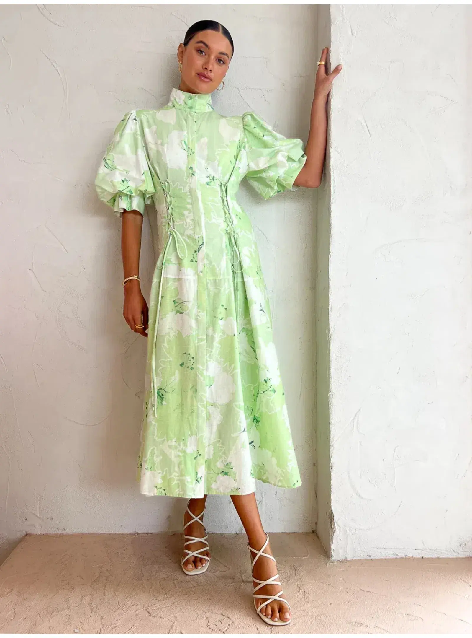 Leo Lin Anneke Drawstring Midi Dress Jasmine Print in Sage Size AU 12 - Image 1