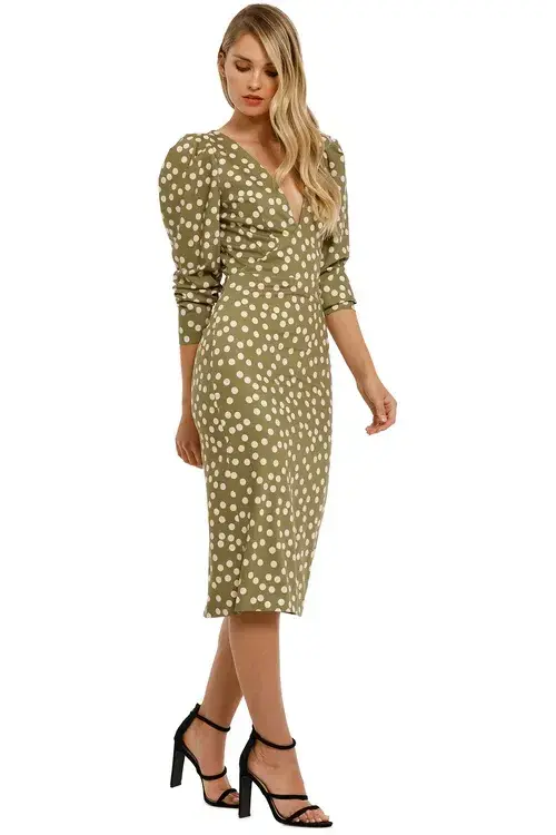 By Johnny Peach Polka V Plunge Midi Dress Olive Green Khaki Size AU 6 for rent on The Volte - main image