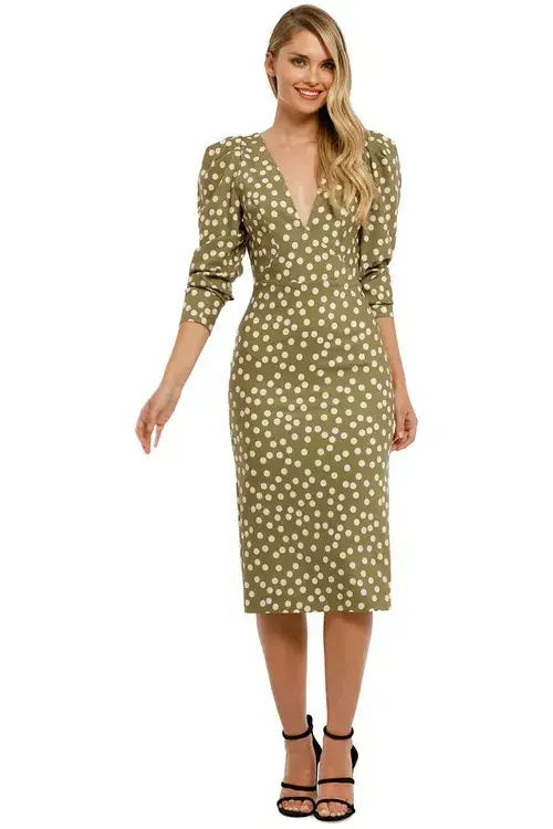 By Johnny Peach Polka V Plunge Midi Dress Olive Green Khaki Size AU 6 for rent on The Volte - main image