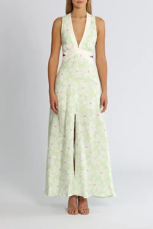 By Johnny Fleur Tie Back Midi Dress Green Floral Size 12 for rent on The Volte - main image