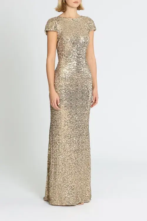Badgley Mischka Sequin Cowl Back Gown Gold Size 10 - Image 2