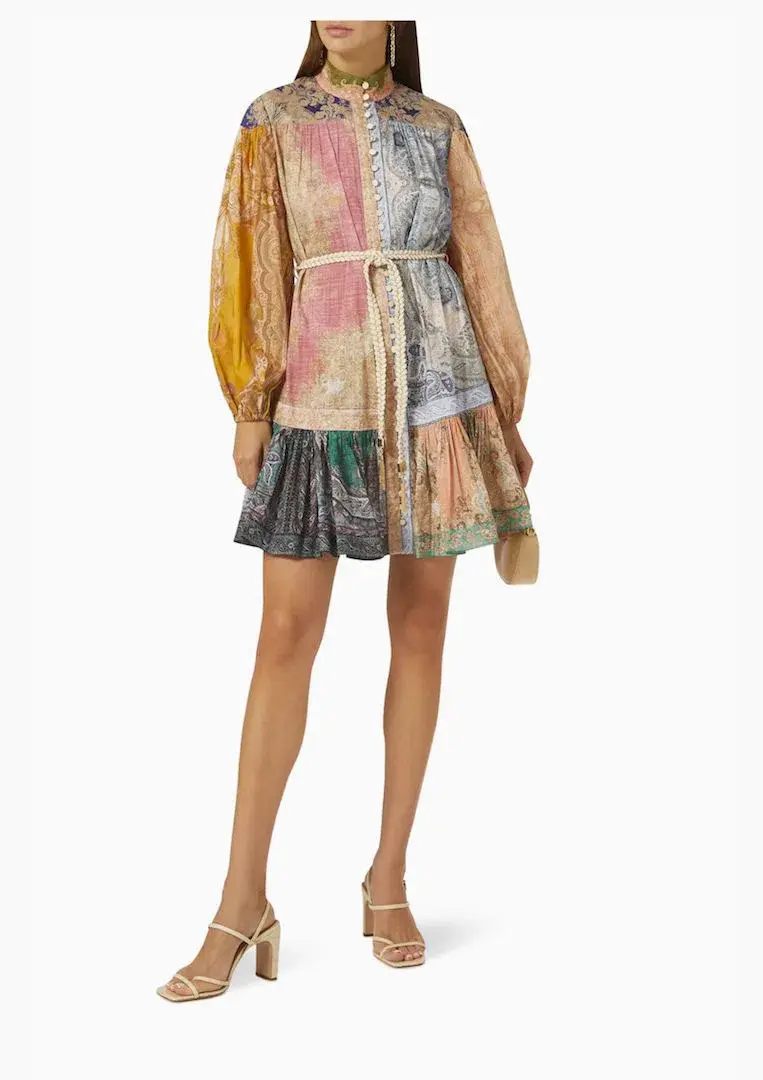 Zimmermann Anneke Spliced Lantern Drop Waist Mini Dress Patch Paisley Size 0 / AU 8 for rent on The Volte - main image