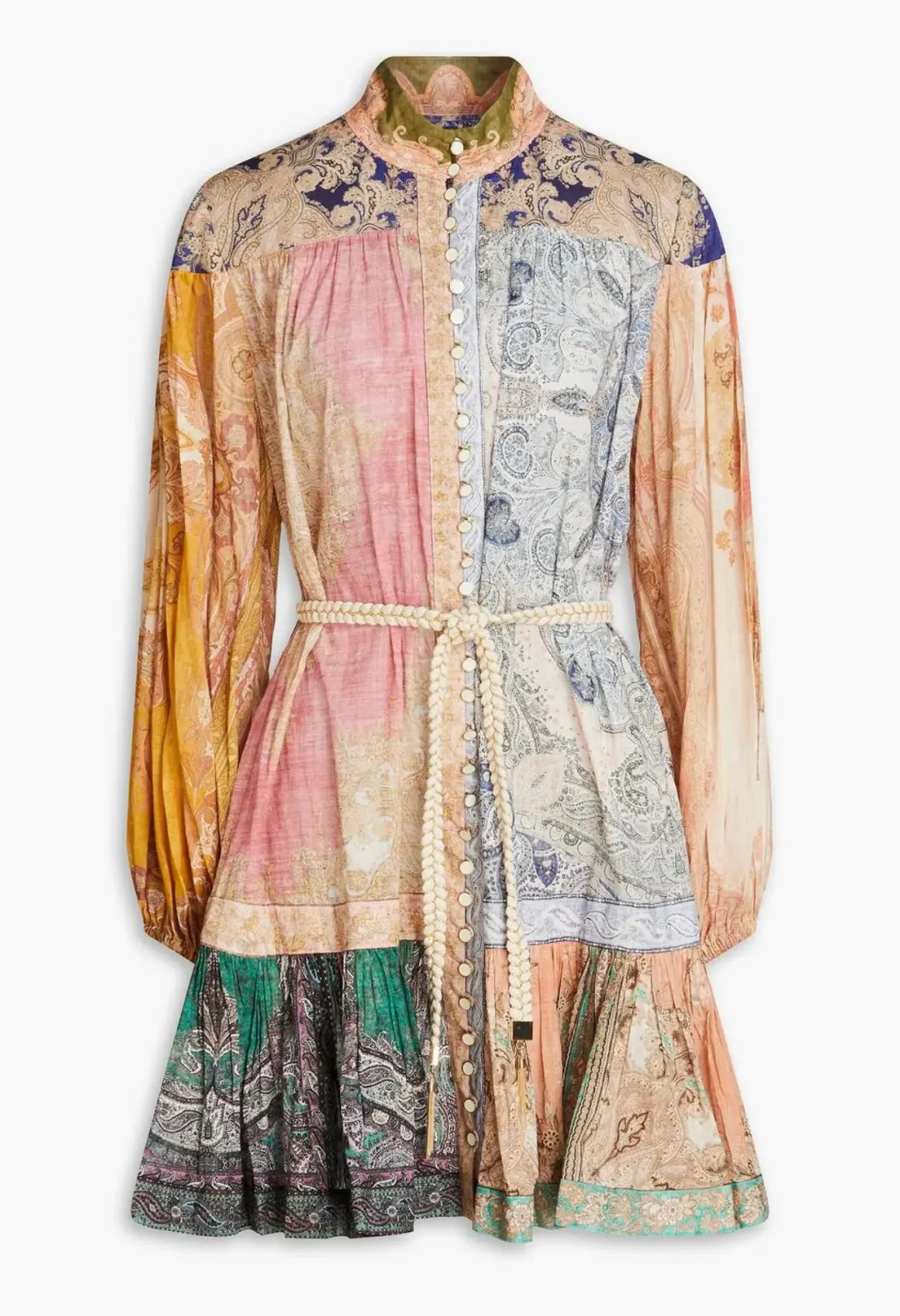 Zimmermann Anneke Spliced Lantern Drop Waist Mini Dress Patch Paisley Size 0 / AU 8 for rent on The Volte - main image