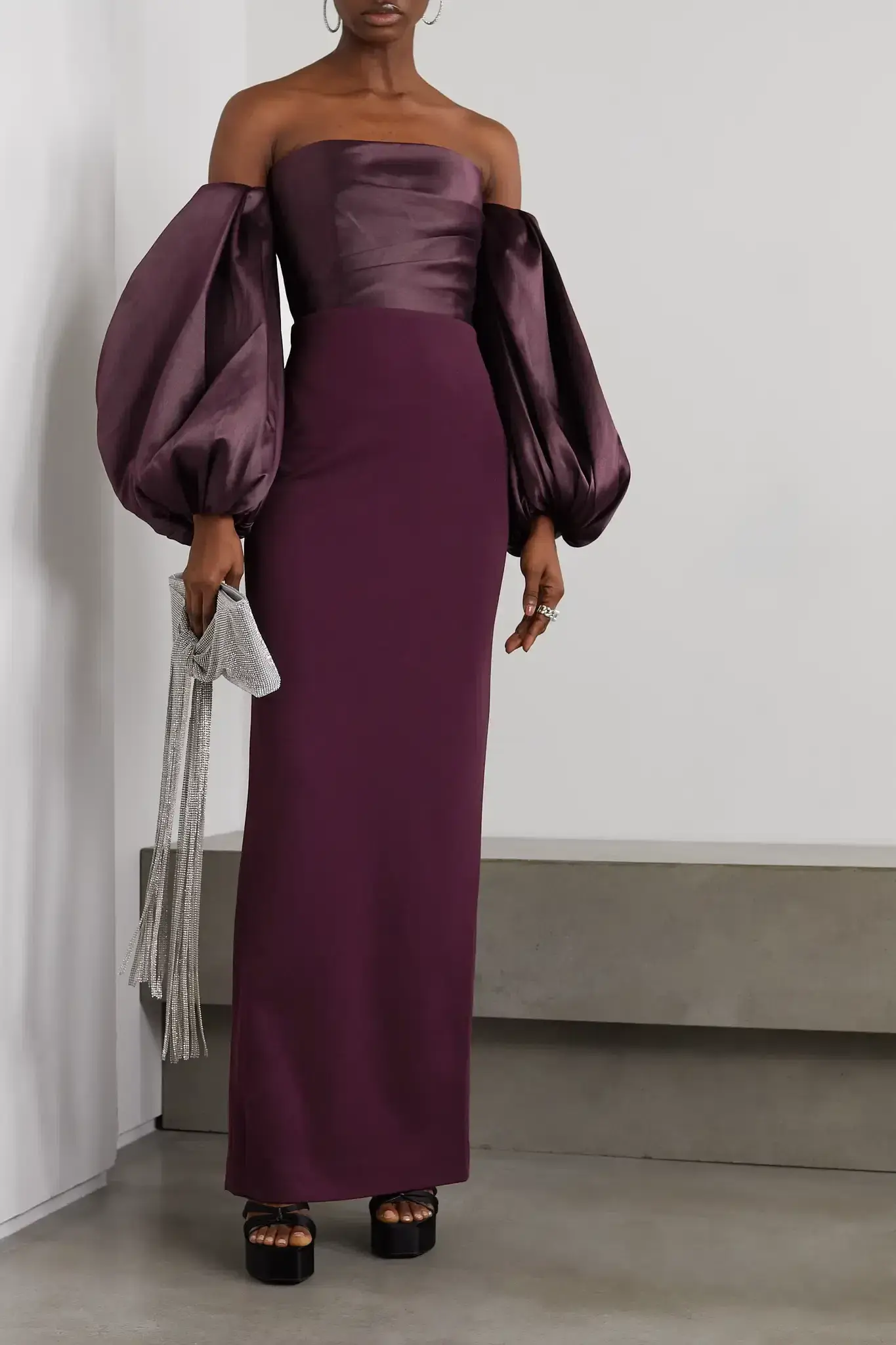 Solace London Carmen Off-the-shoulder Gathered Satin And Crepe Maxi Dress Purple Size AU 8 - Image 1