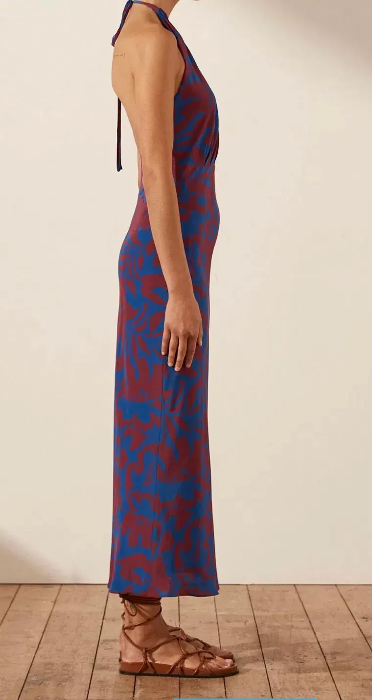 Shona Joy Vida Silk Cross Front Halter Bias Midi Dress Strong Blue Deep Wine Size AU 6  - Image 5