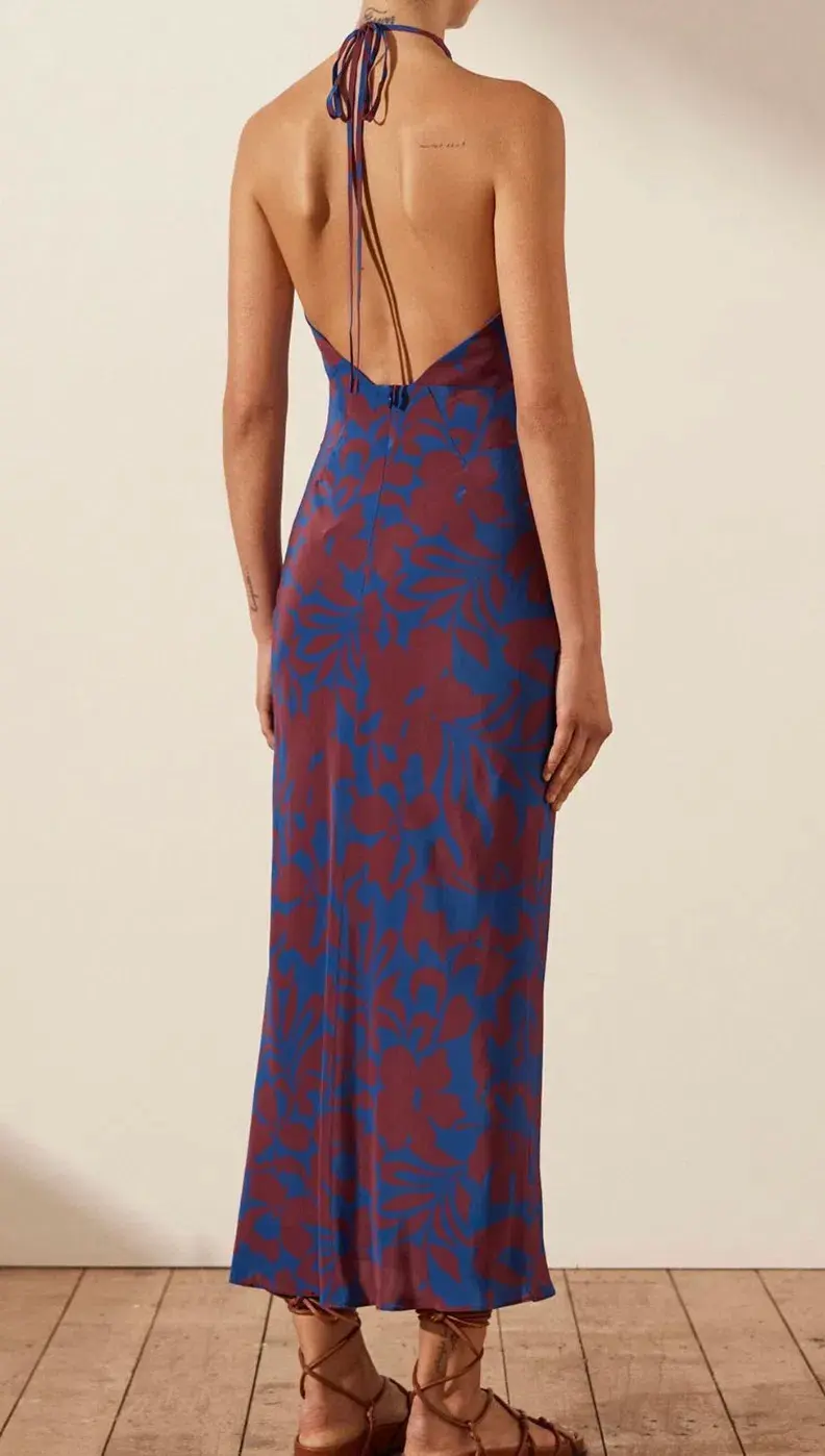 Shona Joy Vida Silk Cross Front Halter Bias Midi Dress Strong Blue Deep Wine Size AU 6  - Image 3