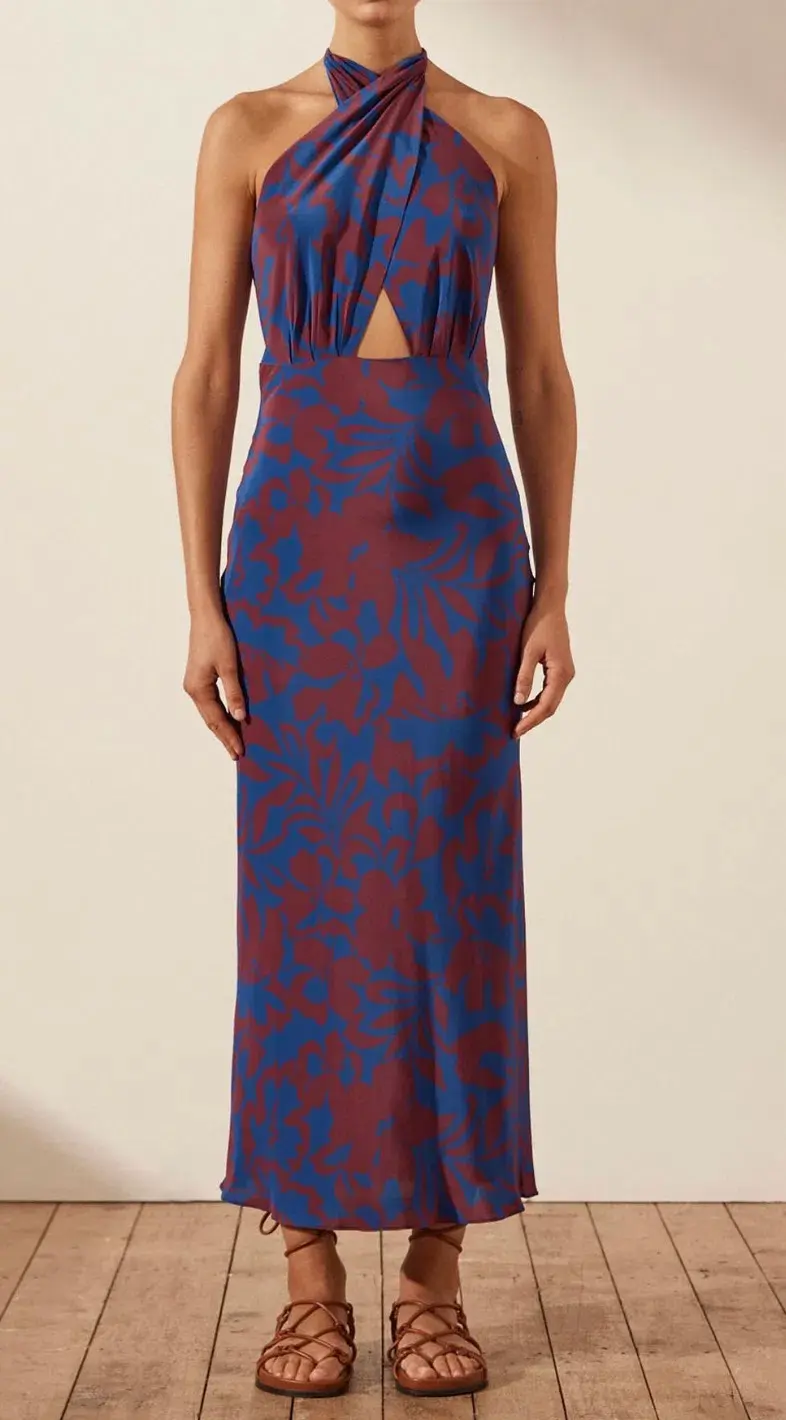 Shona Joy Vida Silk Cross Front Halter Bias Midi Dress Strong Blue Deep Wine Size AU 6  - Image 2