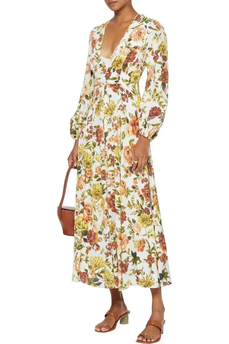 Zimmermann Zippy Plunge Long Dress Peachy Autumn Floral Size 14 - Image 1