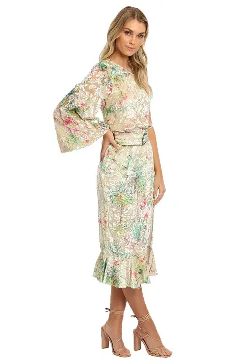 Hemant & Nandita Zaina Midi Dress Cream Multi Print Size AU 10 for rent on The Volte - main image