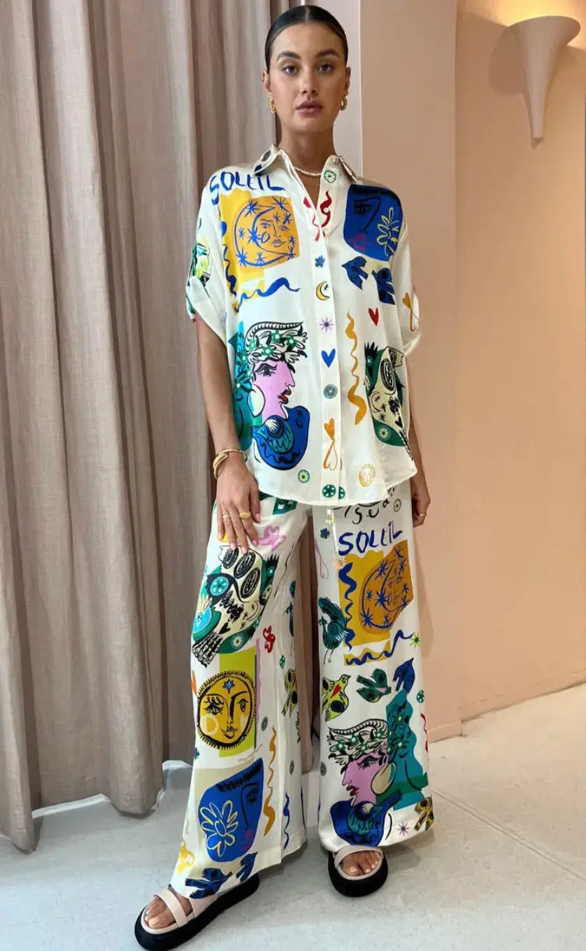 Alemais Soleil Silk Shirt and Pants Set Print Size 8 - Image 1