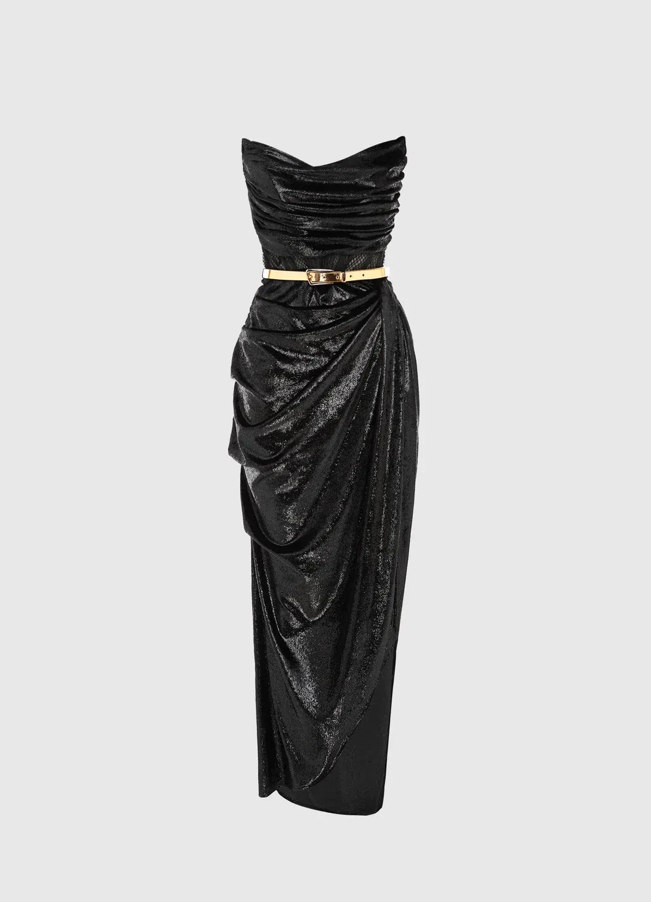 Leo Lin Madelyn Velvet Draped Split Dress Ebony Size 6 - Image 1