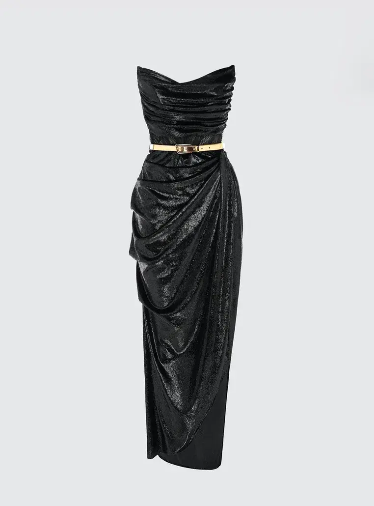 Leo Lin Madelyn Velvet Draped Split Dress Black Size 10 - Image 1