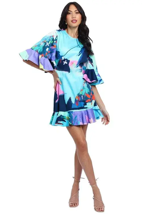 Leo Lin Illusory Mini Dress Multi Print Size 14 for rent on The Volte - main image