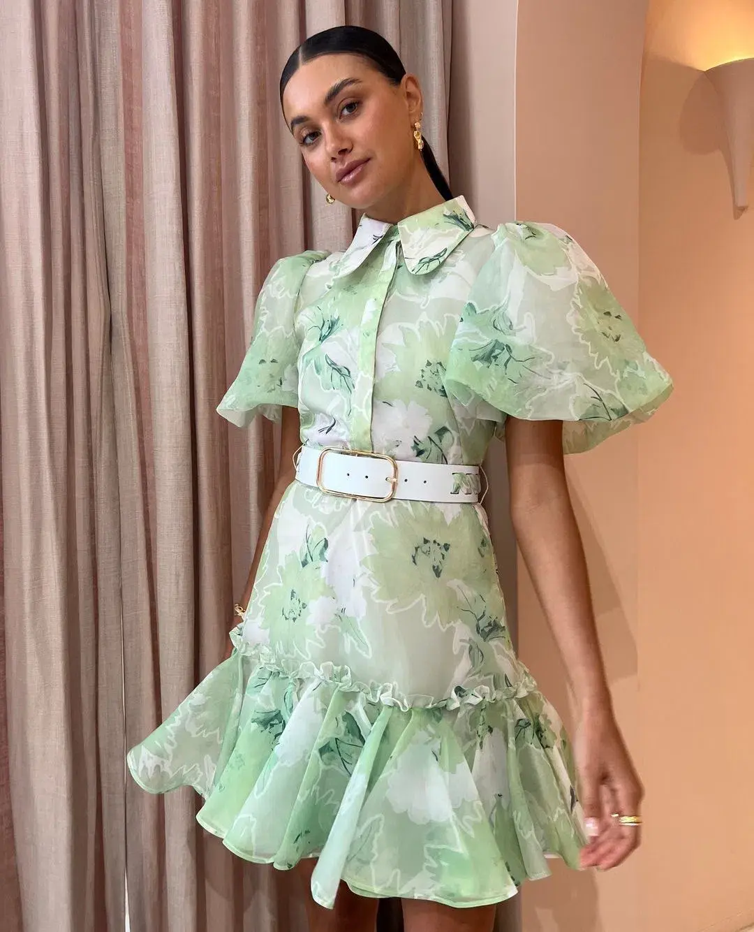 Leo Lin Sophie Bishop Sleeve Mini Dress Jasmine Print in Sage Size AU 14 - Image 2