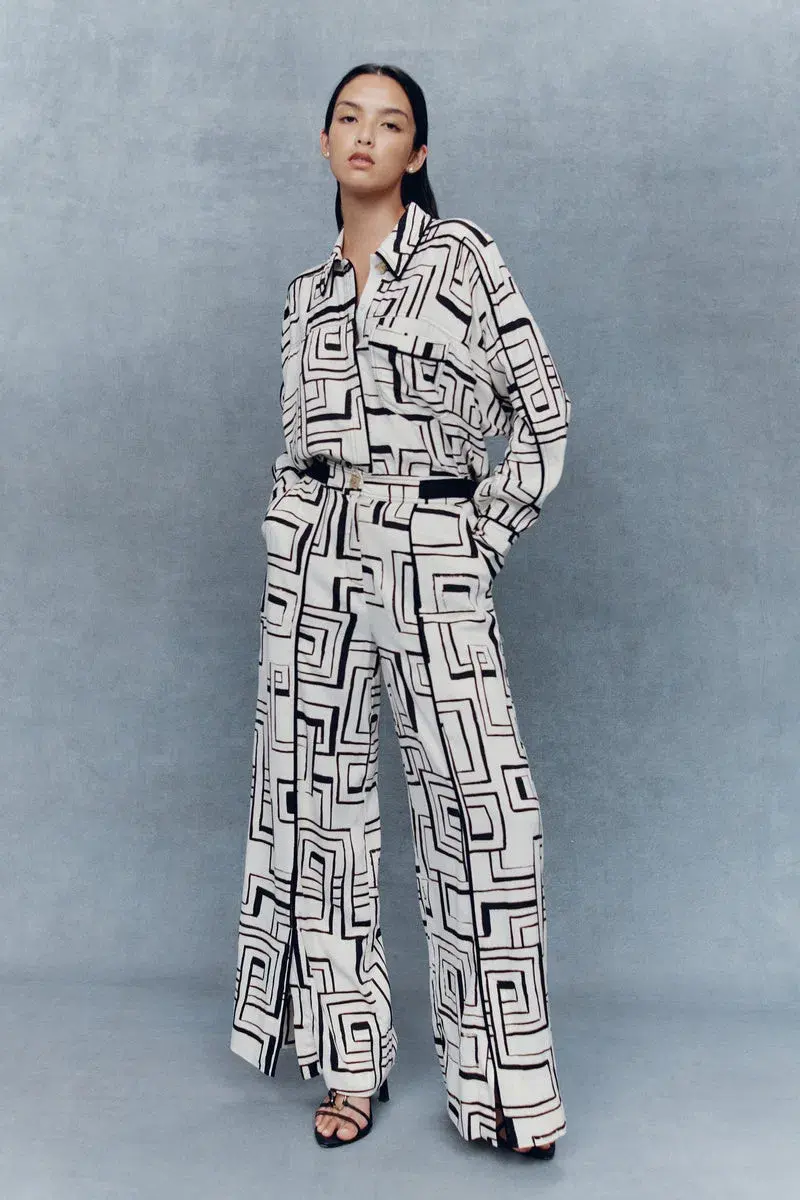 Aje Vortex Belted Shirt and Split Leg Pant Set Print Size 8 Top Size 14 Pants - Image 1