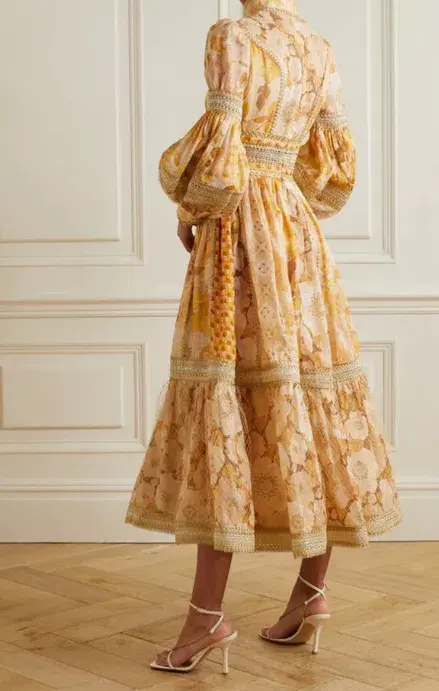 Zimmermann Tempo Spliced Trim Gown Gold Mixed Print Size 16 - Image 2