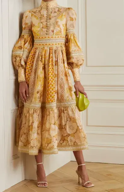 Zimmermann Tempo Spliced Trim Gown Gold Mixed Print Size 16 - Image 1