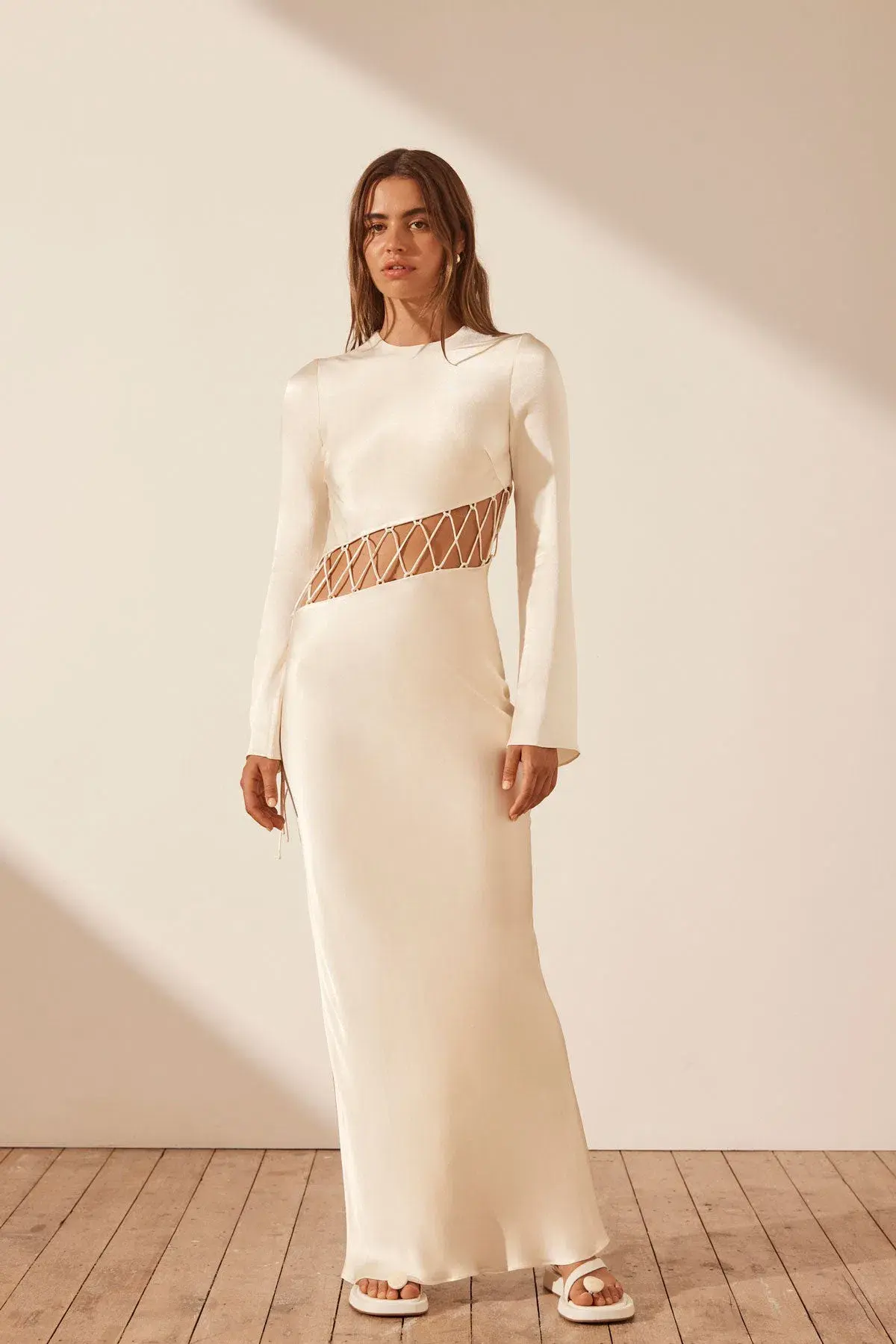 Shona Joy Arienzo Asymmetrical Lace Up Maxi Dress Cream Size 10  - Image 1