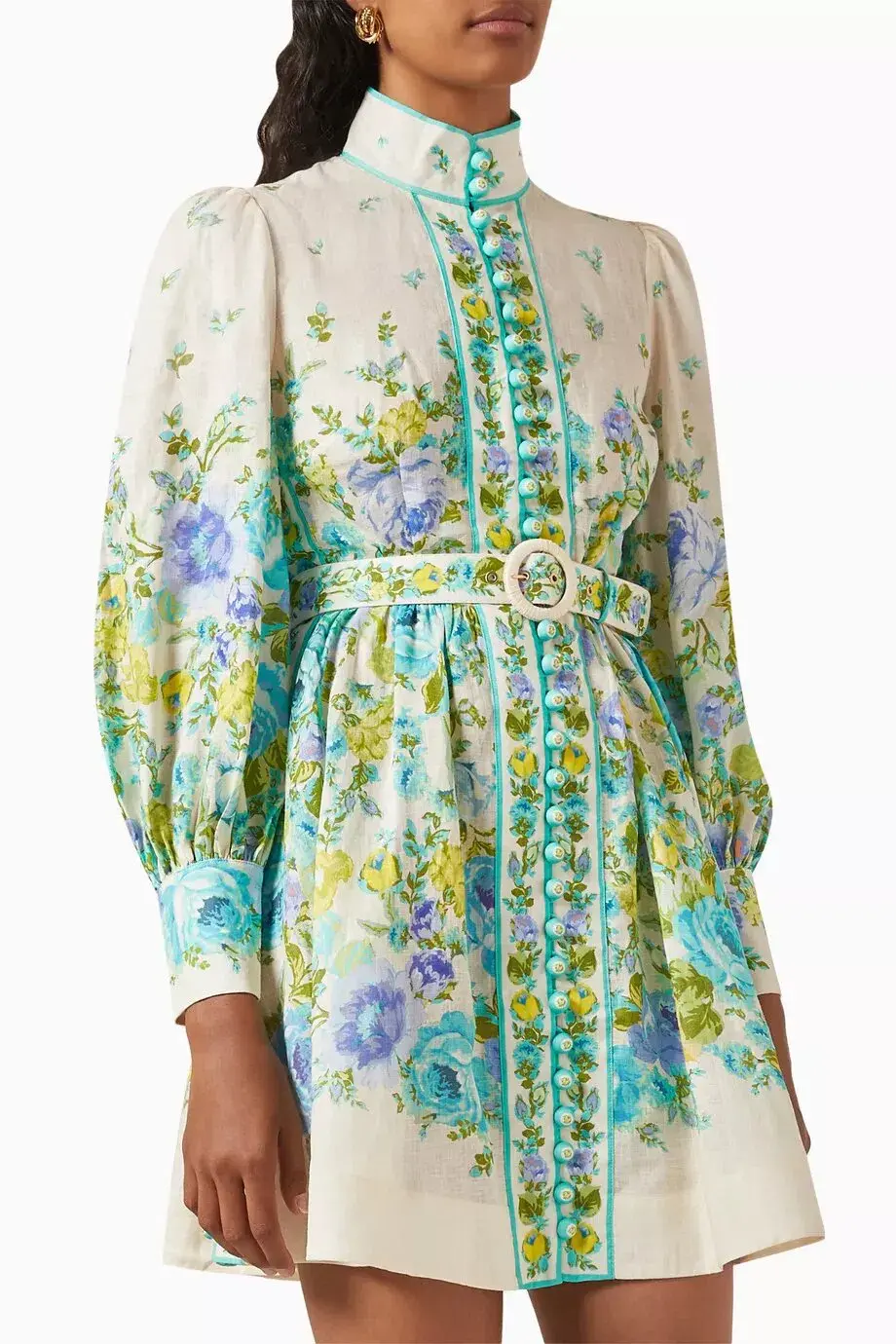 Zimmermann The Raie Buttoned Mini Dress in Teal / Blue Floral Size 1 / AU 10 for rent on The Volte - main image