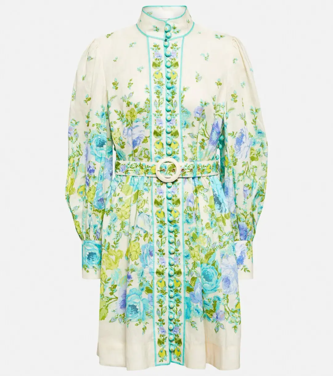 Zimmermann The Raie Buttoned Mini Dress in Teal / Blue Floral Size 1 / AU 10 for rent on The Volte - main image
