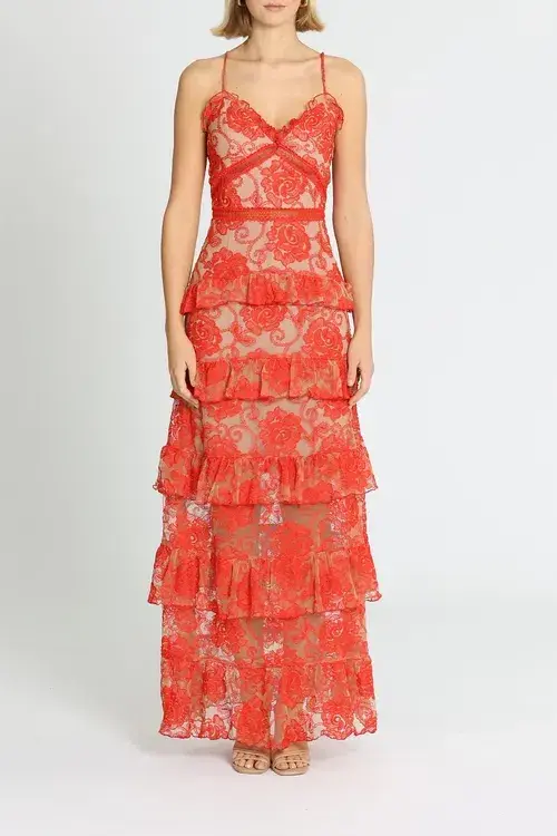 Nicholas Rosie Lace Tiered Gown Red Size 10 for rent on The Volte - main image