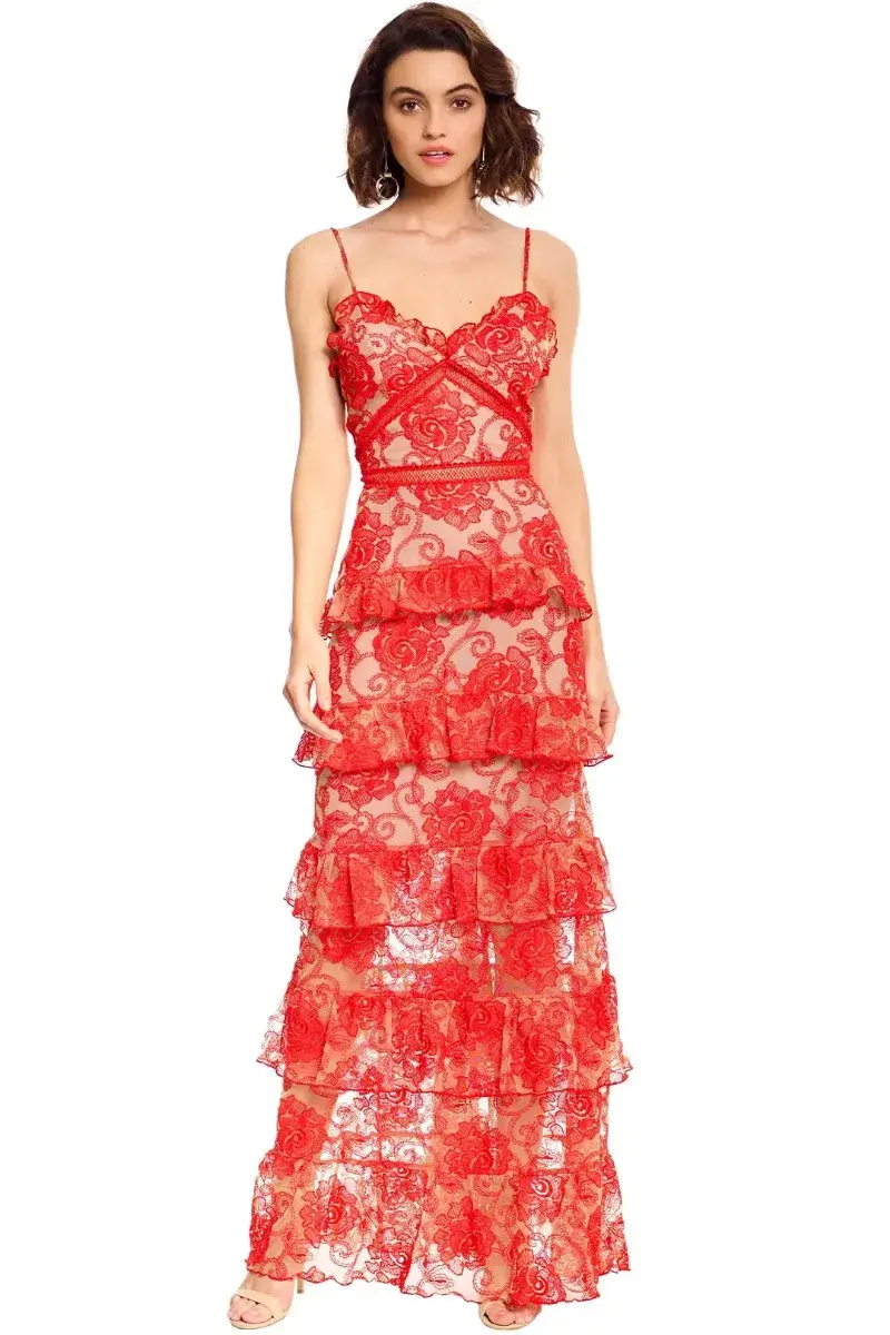 Nicholas Rosie Lace Tiered Gown Red Size 10 for rent on The Volte - main image