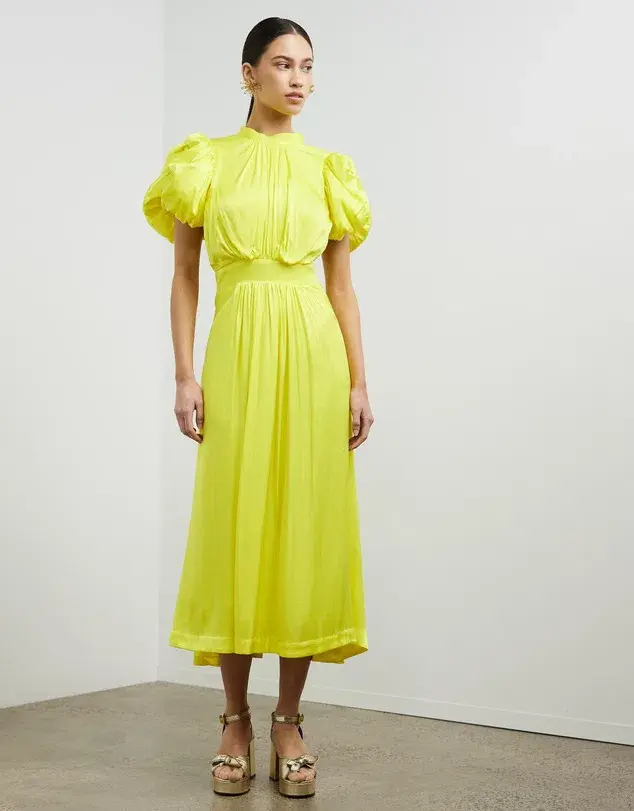 Rotate By Birger Christensen Heavy Satin Midi Dress Blazing Yellow Size 10 for rent on The Volte - main image