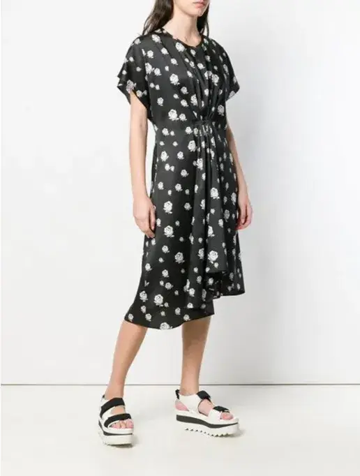 Kenzo Gathered Rose-Print Asymmetric Midi Dress Black/White Size 10 - Image 4
